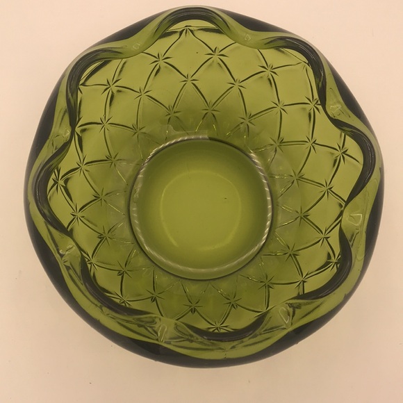 VTG Indiana Glass Green Glass Bowl/Dish/Compote Diamond Cross Scalloped Edge - Picture 2 of 6